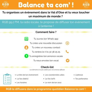 Du tout nouveau sur RGB ! Alors, n’hésitez pas à relayer, partager, commenter, liker pour un faire profiter aussi les copains !

Vous organisez un évènement dans le Val d’Oise (95), dans l’Oise (60) ou dans les Yvelines (78) et vous voulez toucher un maximum de monde ? 

Laissez-nous votre annonce vocale via What’s app et nous diffuserons celle-ci sur Radio RGB 99.2 FM ! 

99.2 FM
https://www.radiorgb.net
https://www.facebook.com/RgbCergyPontoise
https://www.instagram.com/radiorgb_992
https://www.linkedin.com/company/105865842
https://www.youtube.com/@RGB99.2

#radioassociative #cergypontoise #radioassociative #endirect #endirectdecergypontoise #radiofm #fm #musique #emission #association #direct #culture #rgbradio99.2 #valdoise #oise #yvelines #infoslocales #vexin #vielocale #vivreacergy #balancetacom #vivrenevaldoise