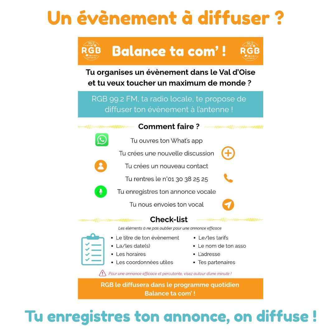 Une communication à diffuser ?
Balance ta com est là pour t'aider à ton toucher ton audience !
Enregistre ton annonce et nous la diffuserons sur notre antenne !
99.2 FM
https://www.radiorgb.net
https://www.facebook.com/RgbCergyPontoise
https://www.instagram.com/radiorgb_992
https://www.linkedin.com/company/105865842
https://www.youtube.com/@RGB99.2
#radioassociative #cergypontoise #radioassociative #endirect #endirectdecergypontoise #radiofm #fm #musique #emission #association #direct #culture #rgbradio99.2 #selectiondelasemaine #sport #informations #infoslocales #cergy #agglomerationdecergypontoise #13communes #valdoise #vexin #vielocale #vivreacergy