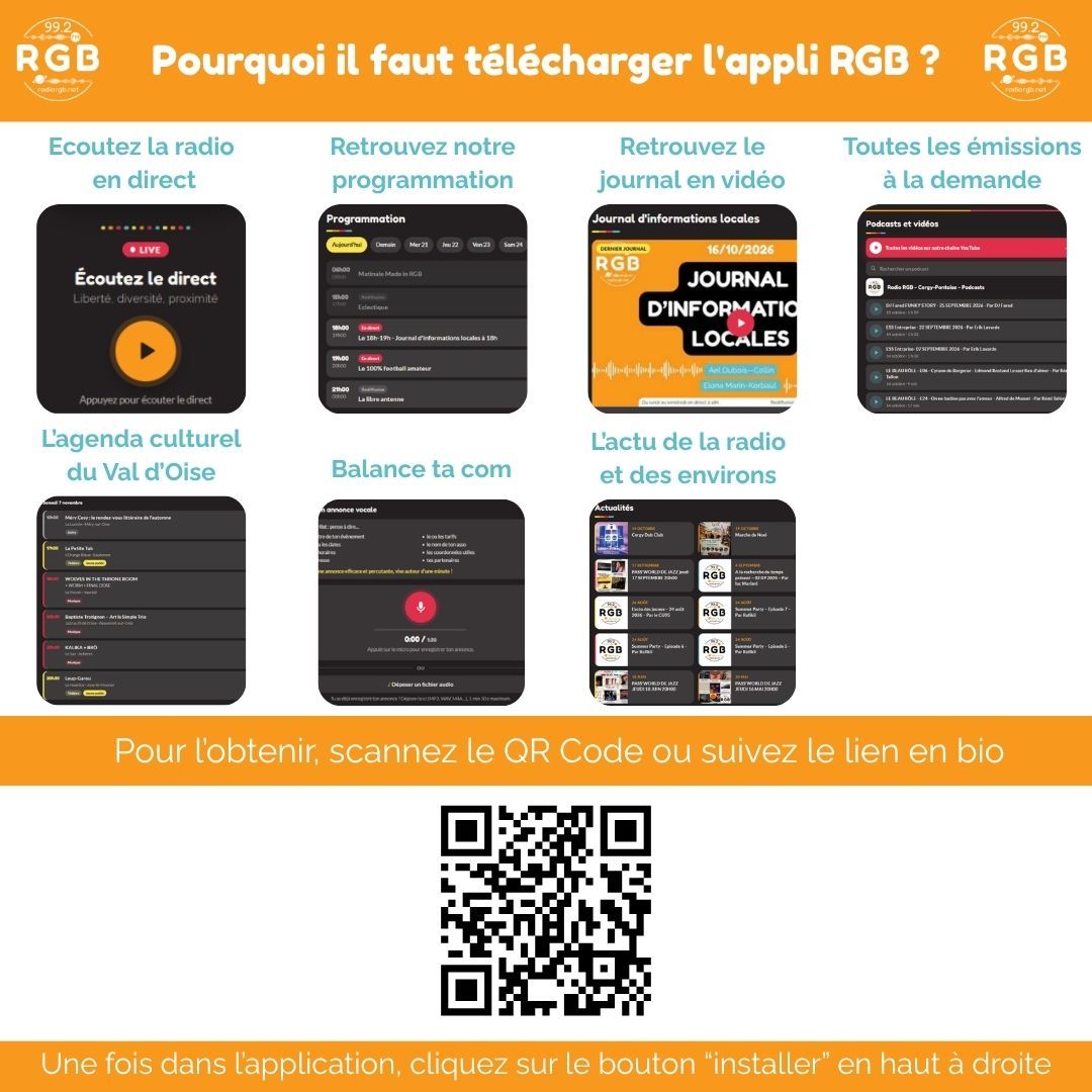 Télécharger l'application sur le lien : https://www.radiorgb.net/app

99.2 FM
https://www.radiorgb.net
https://www.facebook.com/RgbCergyPontoise
https://www.instagram.com/radiorgb_992
https://www.linkedin.com/company/105865842
https://www.youtube.com/@RGB99.2

#radioassociative #cergypontoise #radioassociative #endirect #endirectdecergypontoise #radiofm #fm #musique #emission #association #direct #culture #rgbradio99.2 #selectiondelasemaine #sport #informations #infoslocales #cergy #agglomerationdecergypontoise #13communes #valdoise #vexin #vielocale #vivreacergy