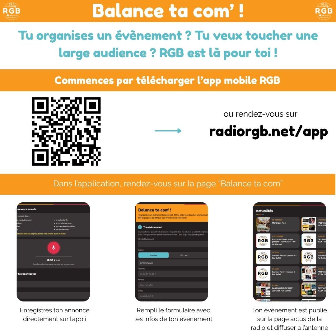 Tu as une communication à partager ? C'est par là que ça se passe !
Télécharge l'application mobile RGB sur le lien : https://www.radiorgb.net/app
99.2 FM
https://www.radiorgb.net
https://www.facebook.com/RgbCergyPontoise
https://www.instagram.com/radiorgb_992
https://www.linkedin.com/company/105865842
https://www.youtube.com/@RGB99.2
#radioassociative #cergypontoise #radioassociative #endirect #endirectdecergypontoise #radiofm #fm #musique #emission #association #direct #culture #rgbradio99.2 #selectiondelasemaine #sport #informations #infoslocales #cergy #agglomerationdecergypontoise #13communes #valdoise #vexin #vielocale #vivreacergy